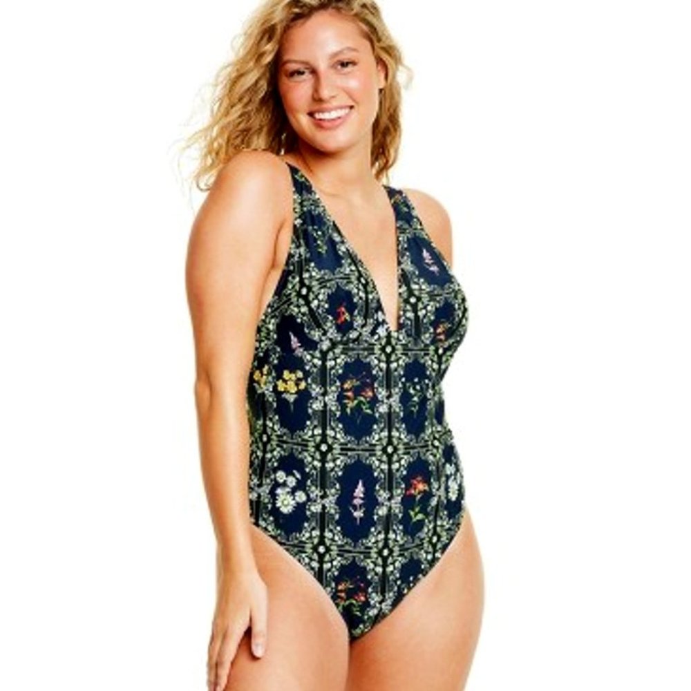 Agua Bendita x Target Women's Dainty Floral Tile Print Swimsuit Navy XXL NWT